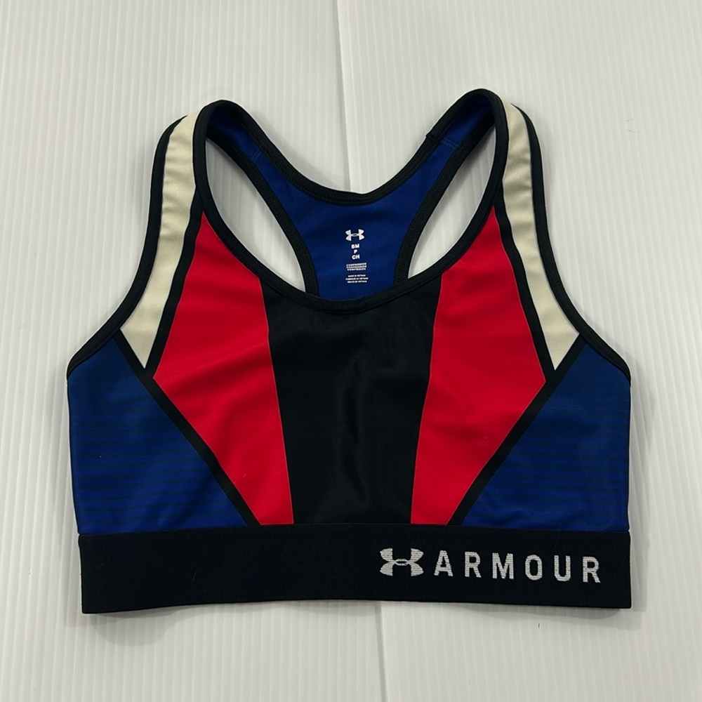 J19. Under Armour Black, Red, and Blue Sports Bra (S)